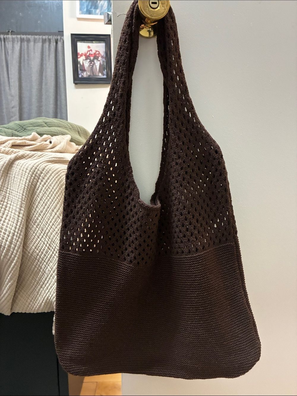 Brown Crochet Knit Shoulder Bag - Casual Everyday Tote